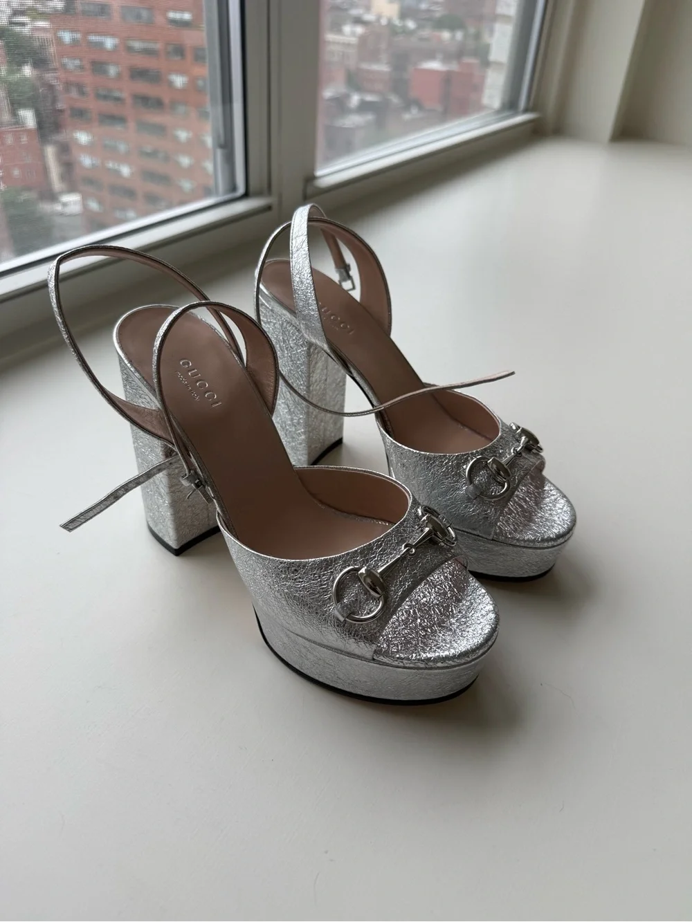 Gucci Silver Metallic Horsebit Platform Sandals - NWT NEVER WORN
